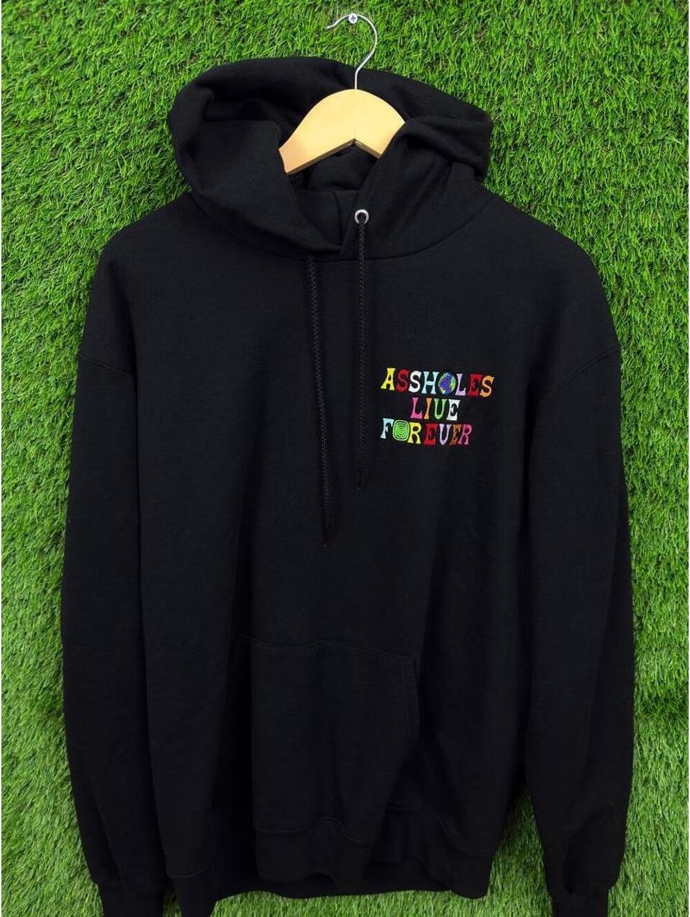 Champion Assholes Live Forever Embroidered Graphic Black Hoodie Size L